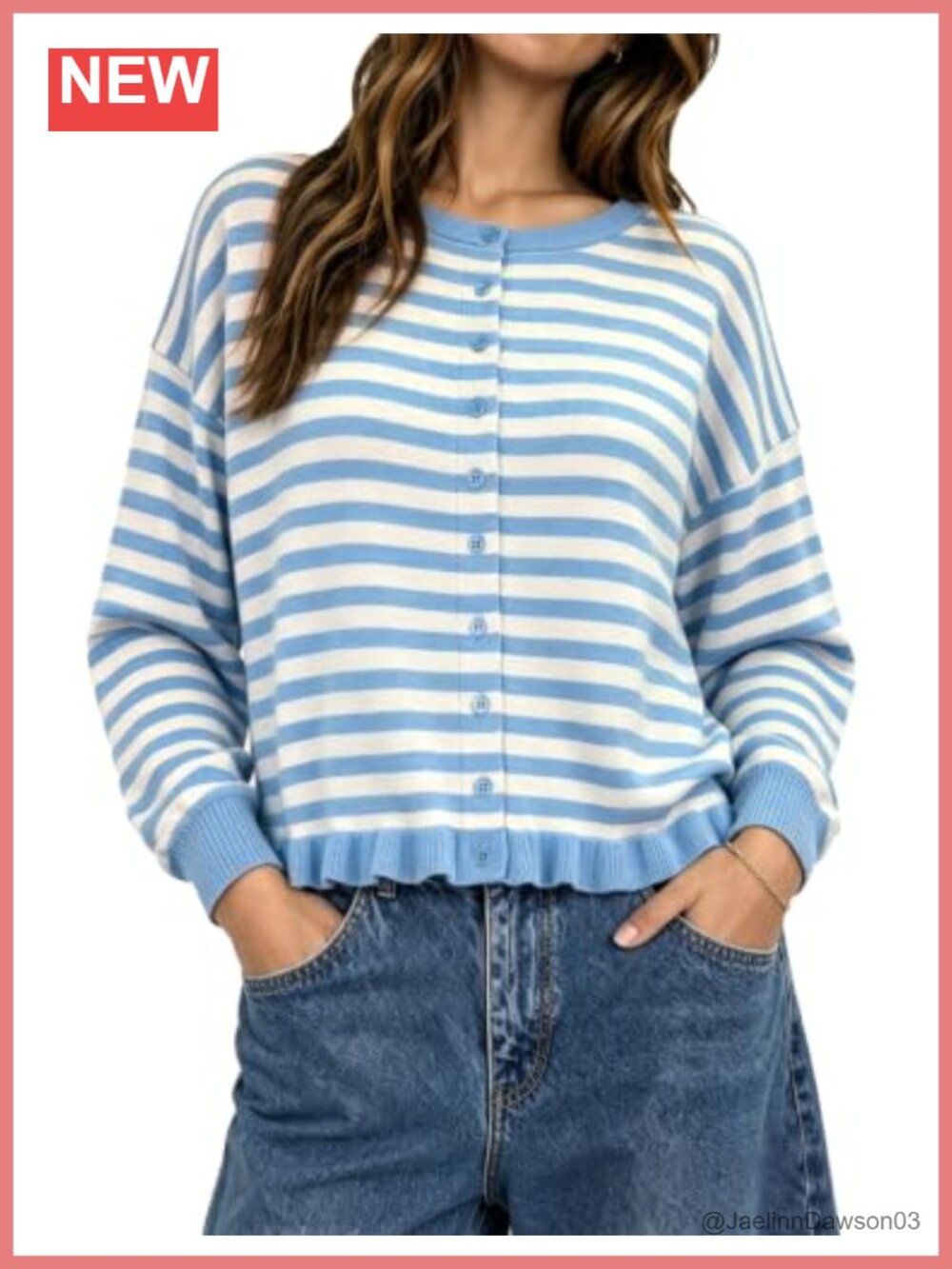 Striped Knit Cardigan Ruffle Hem Button Down Cropped Sweater